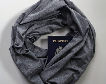 EuroPro | Hidden Pocket Scarf | Infinity Scarf Passport Wallet Travel Performance Jersey Gray Money Belt Holder Travel Gift Secret Zipper