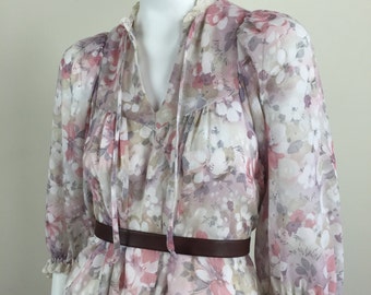 sheer floral bohemian tent dress w/ lace trim & necktie 70s
