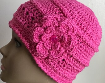 Women’s crochet hat, summer / spring, COTTON/SILK, chemo hat, dark pink, removable flower, Ready to ship. S1