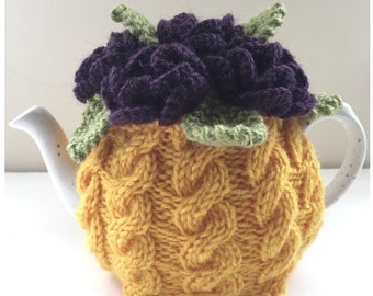 Floral Cabled Tea Cosy in Pure Wool - Golden Yellow & Aubergine - Size Small - fits standard 2-cup teapots