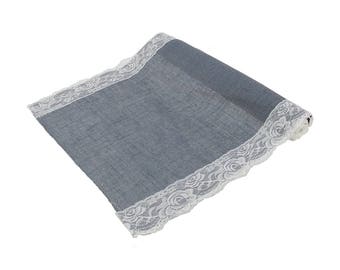 Gray Burlap With Lace Table Runner 16" x 88"