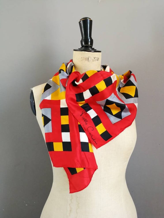 Pierre Cardin scarf / vintage Pierre Cardin / 80s designer scarf / red pattern scarf / colour blocking / vintage neck scarf / red scarves
