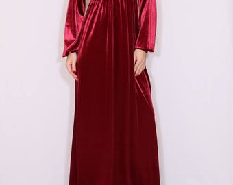 Red velvet maxi dress / Long sleeve dress / Empire waist dress / Maternity dress / Boho dress