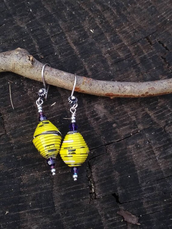 Yellow paperbead earrings/ with purple and sterling silver