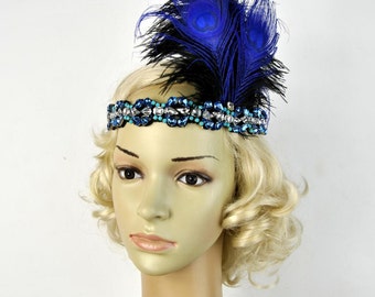 Flapper Blue Silver beaded rhinestone flapper headband 1920s Headpiece The Great Gatsby headband, vintage rhinestone headpiece