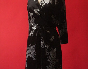 Vintage 90's Black and Silver Grey Floral Velvet Wrap Dress by Apostrophe Petite, size M