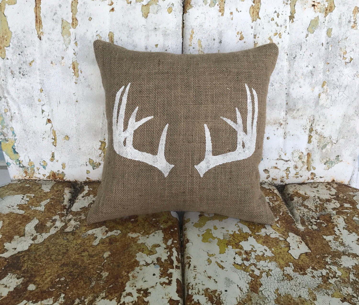 Burlap Pillow ANTLERS Deer Throw Accent Pillow Custom Colors