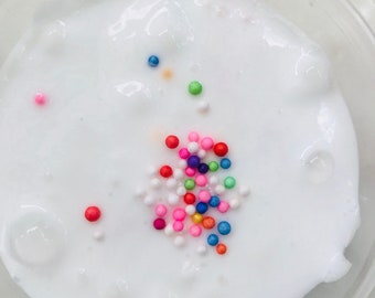 Birthday Cake Slime, Soft and Fluffy White Slime with Pretty Colored Foam Beads, Half Foam, Unscented
