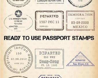 PASSPORT STAMP Clipart - 24 Digital Clip Art Images - EDITABLE Templates - Vintage Travel Graphic - Instant Download - Bonus Images