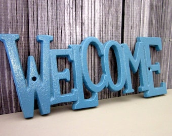 Welcome Sign, Plaque, Cast Iron, Sea Blue, Painted, Door Sign, House Sign, Metal Welcome Sign, Indoor, Outdoor, Cast Iron Wall Decor