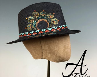 OOAK Genuine handwoven panama hand blocked fedora w hand painted mandala, Swarovski crystals & woven band
