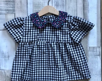 Girls Gingham Blouse - Girls Cotton Blouse - Gingham Top - Peter Pan Collar Shirt - Blouse for girls - Monochrome Girls Clothing