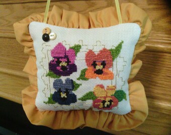 Little Cross Stitched Pansy Pillow