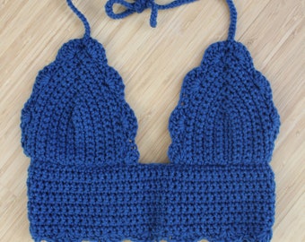 Navy Blue Scalloped Crochet Crop Top