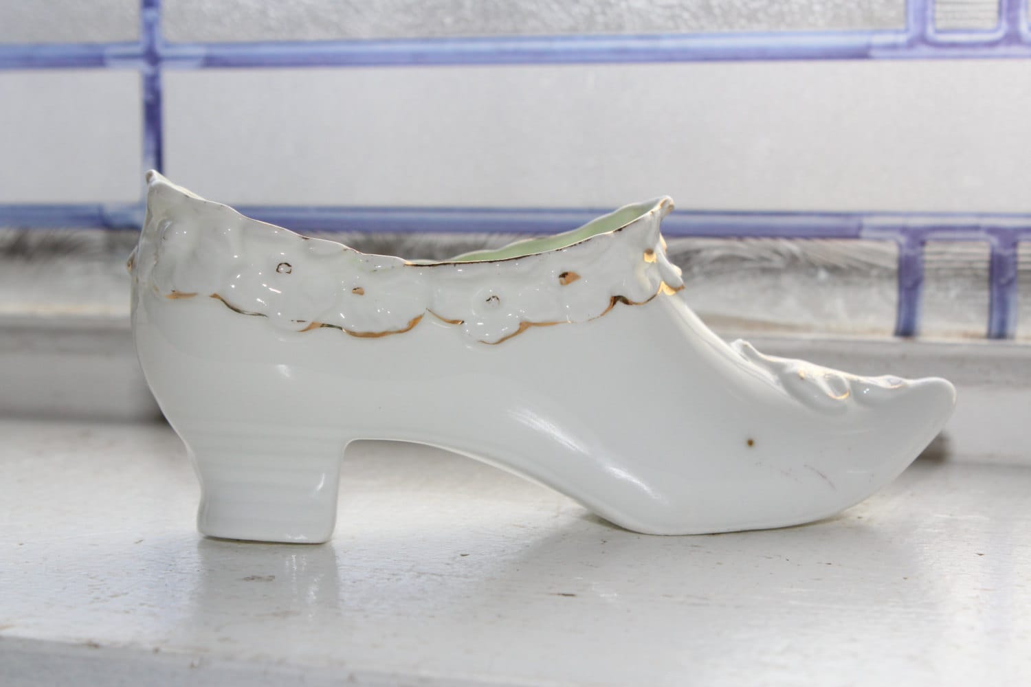 Antique Porcelain Shoe Souvenir with Gold Trim