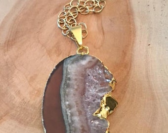 Amethyst Necklace: Gold Dipped Amethyst Necklace, Raw Amethyst Necklace, Amethyst Slice Necklace, Amethyst Pendant, Amethyst Geode