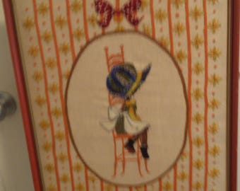 REDUCED Polly in the Corner Crewel Work Framed
