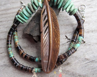 Carved Bone Feather || Feather Necklace | Pen Shell Heishi | Turquoise | Earthy | Organic | Boho Hippie Necklace | OOAK | Choker Necklace
