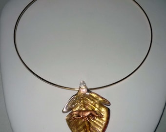Artglass Gold Leaf Pendant w Copper Running Greyhound Dog and Goldtone Neckring GP