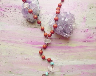 Piney River raw jasper, dioptase, Herkimer diamond and oxidized copper lariat necklace