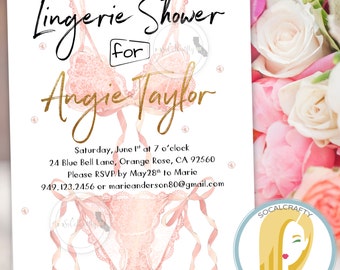 Watercolor Bachelorette Party Invitation, Lingerie Shower Invite, Bridal Shower, Gold Foil, Pink Black White, Printed or Printable Invites
