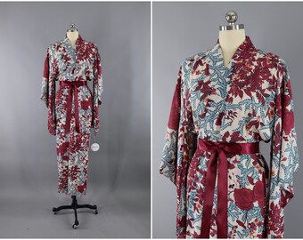 Vintage Silk Kimono Robe / Vintage Dressing Gown / Vintage Lingerie Robe / Loungewear / Ro Silk / 1930s Cranberry Red Floral Print