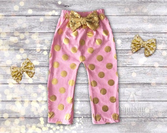 Baby Leggings, Baby Girl Clothes, Pink Baby Pants, Baby Girl Pants, Pink and Gold Pants, Sized 0m-2T, Birthday Pants