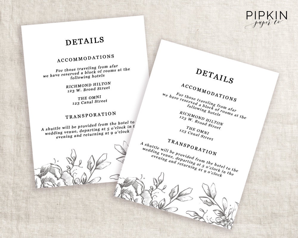 Wedding Details Template Information Card Template Wedding