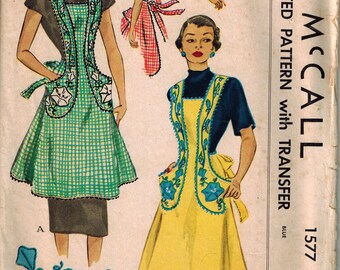 1950 McCalls 1577 Cover-all Apron Sewing Pattern Vintage Retro Full Size Small with Transfer for Embroidery