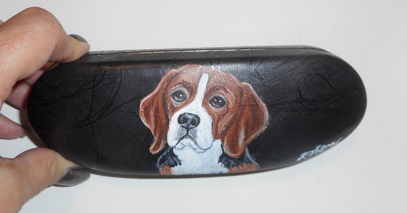 beagle dog hand painted leather eyeglass case box