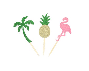 Tropical FLAMINGO - PINEAPPLE - PALM Tree Glitter 3-1/2" Cupcake Toppers Birthday / Beach Summer Theme Party Decor Choose Package Amount