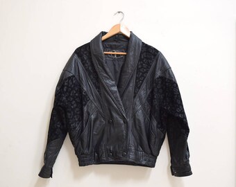 Black Leather Jacket With Leopard Print, Vintage Jacket, 1960s Bomber Jacket, Size Large, Black, Oversized Leather Jacket, Motorcycle Jacket