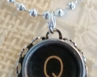 Typewriter Key Necklace Jewelry, Black Glass Q Key, Silver Plated 18 Inch Ball Chain, Letter Q Antique Typewriter Key Necklace, Initial Q