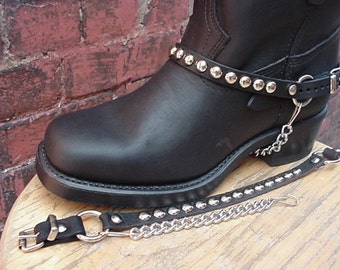 Biker Boots BOOT CHAINS Black Leather with Round Studs