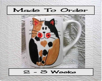 Smiling Calico Cat Mug Original Handmade With Paws On Back by GMS