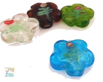 Blue: 2 large flower beads flat glass turquoise lampwork, 24mm (pv410)