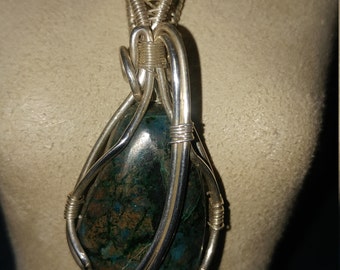 Chrysocolla Sterling Silver Wire Wrapped Pendant