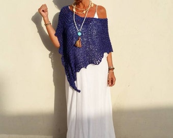 Loose knit poncho, blue coverup boho, mediterranean blue, gifts for her, women poncho, beach coverup,