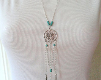 Dreamcatcher necklace, Long silver boho necklace, Bohemian style silver turquoise necklace, Boho turquoise necklace, Gifts