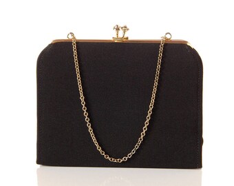 Vintage Black Evening Bag / 1960s Mini Kisslock Frame Purse / 60s Chain Handle Formal Handbag