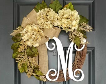 Summer Wreath For Front Door,Grapevine Wreath,Hydrangea Door Wreath,Farmhouse Wreath,Wreath With Letter,Frond Door Decor,Housewarming Gift