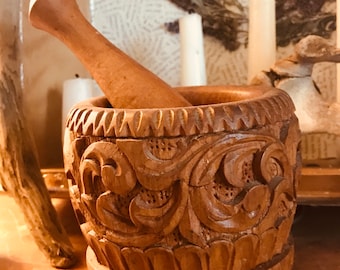 Hand carved wooden mortar and pestle
