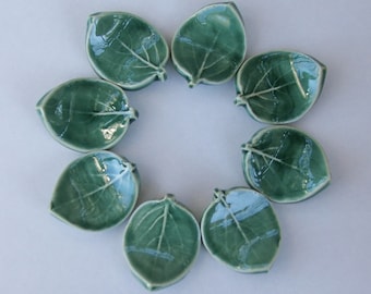 Set of Eight, Ceramic ChopStick/ Pen Rests, Hand Made Leaf, Green