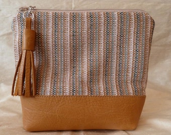 Light Brown Leather Zip Purse, Small Clutch Bag, Original Handwoven Silk Fabric, Silk Lined, Leather Tassel Zipper Pull, Exclusive Design