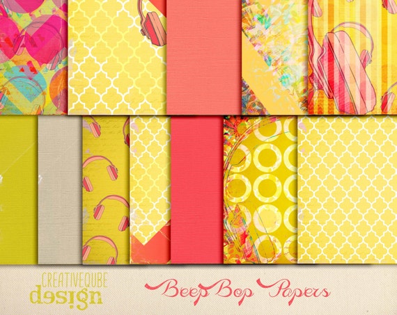 Digital paper, Digital Scrapbook paper pack - Instant download - 12 Digital Papers - Beep Bop