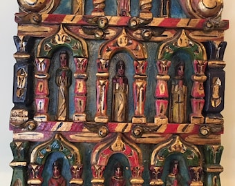 Mexican Retablo - Religious Folk Art Wood Carved Retablo - Catholic Holy Saints in Nichos