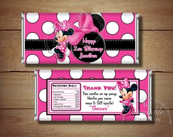 Printable Minnie Mouse Birthday Candy Bar Wrapper, Pink Polka Dot Minnie Mouse Candy Bar Wrapper, Printable Candy Wraps, Birthday Printables