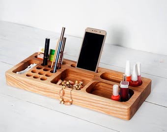 Ash Wood Makeup Desk Organizer, Cosmetic Organizer, Makeup Brush Holder, Desk Accessories for Women, Accessories Rack, Unique Gift for Women