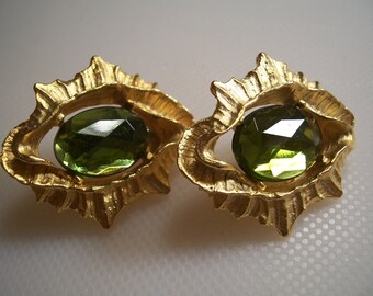 Vintage Green Rhinestone Modernist Earrings