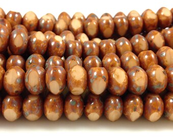 25 Cream Brown Picasso Rondelle Glass Beads Quadries 9mm